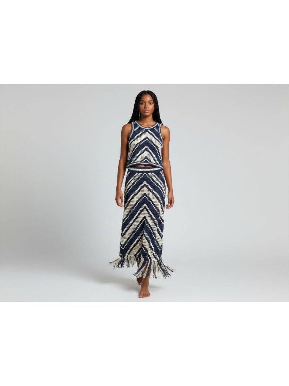 Ultra Pink Crochet Fringed Skirt & Crop Top Set Chevron Navy Ivory M